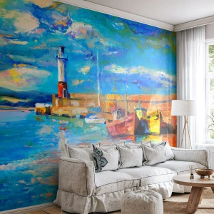 Fototapet Premium Canvas - Eftermiddag i regnbågsviken - Fiskarens hamn, Fiskebåt, Fyr - 250x175 cm