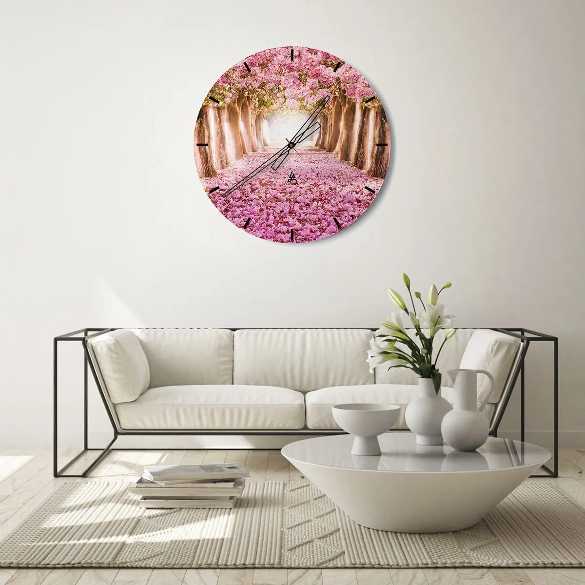 Väggklocka - Klocka på glas - En allé med blommande körsbärsträd - 30x30cm - Vägen till paradiset - Modern väggdekoration för vardagsrum, kök och sovrum ARTTOR