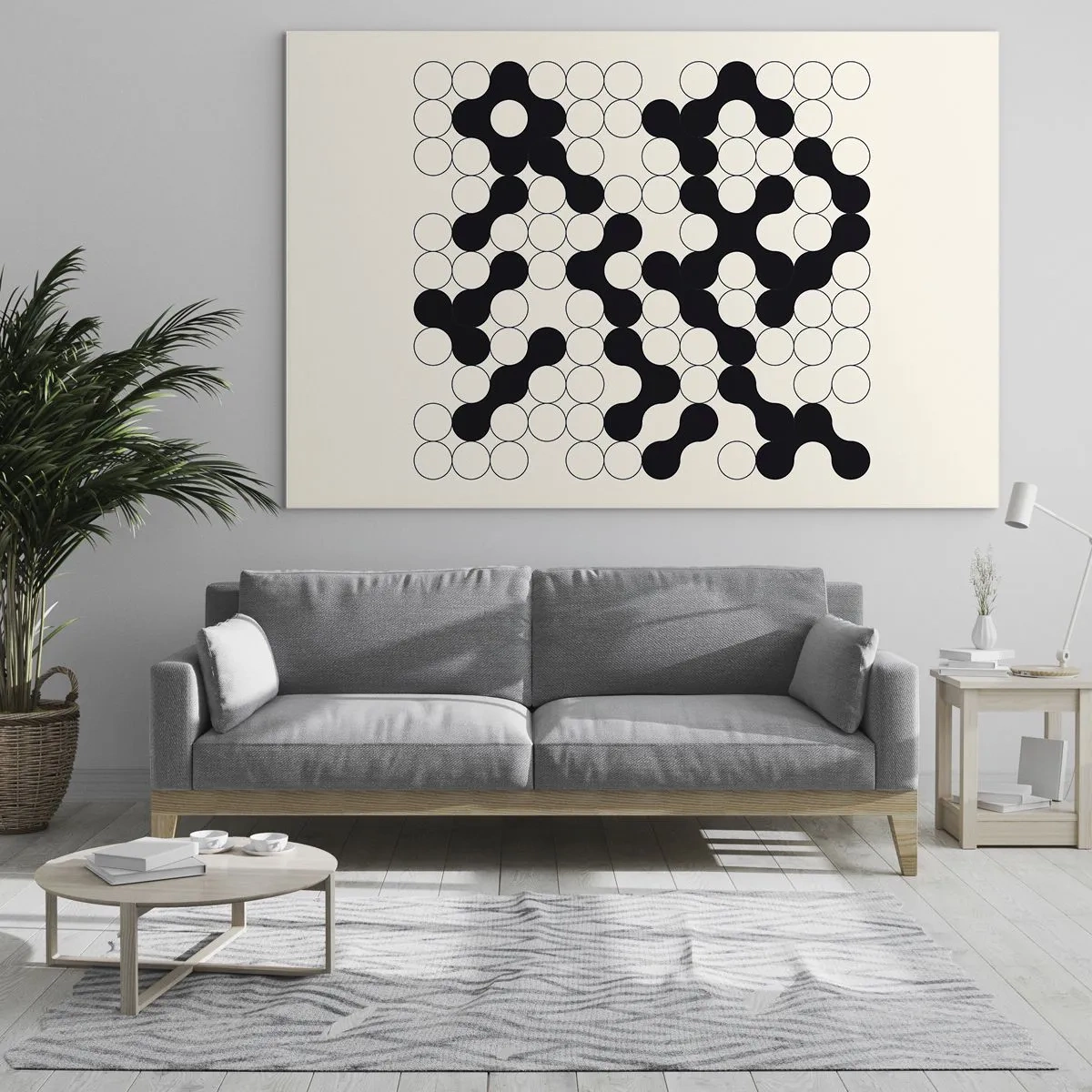 Glastavla - Bild på glas - En svartvit grafisk mosaik bestående av sammankopplade prickar. - 70x50cm - Kinesiskt spel - variation - Modern väggdekoration för vardagsrum och sovrum ARTTOR