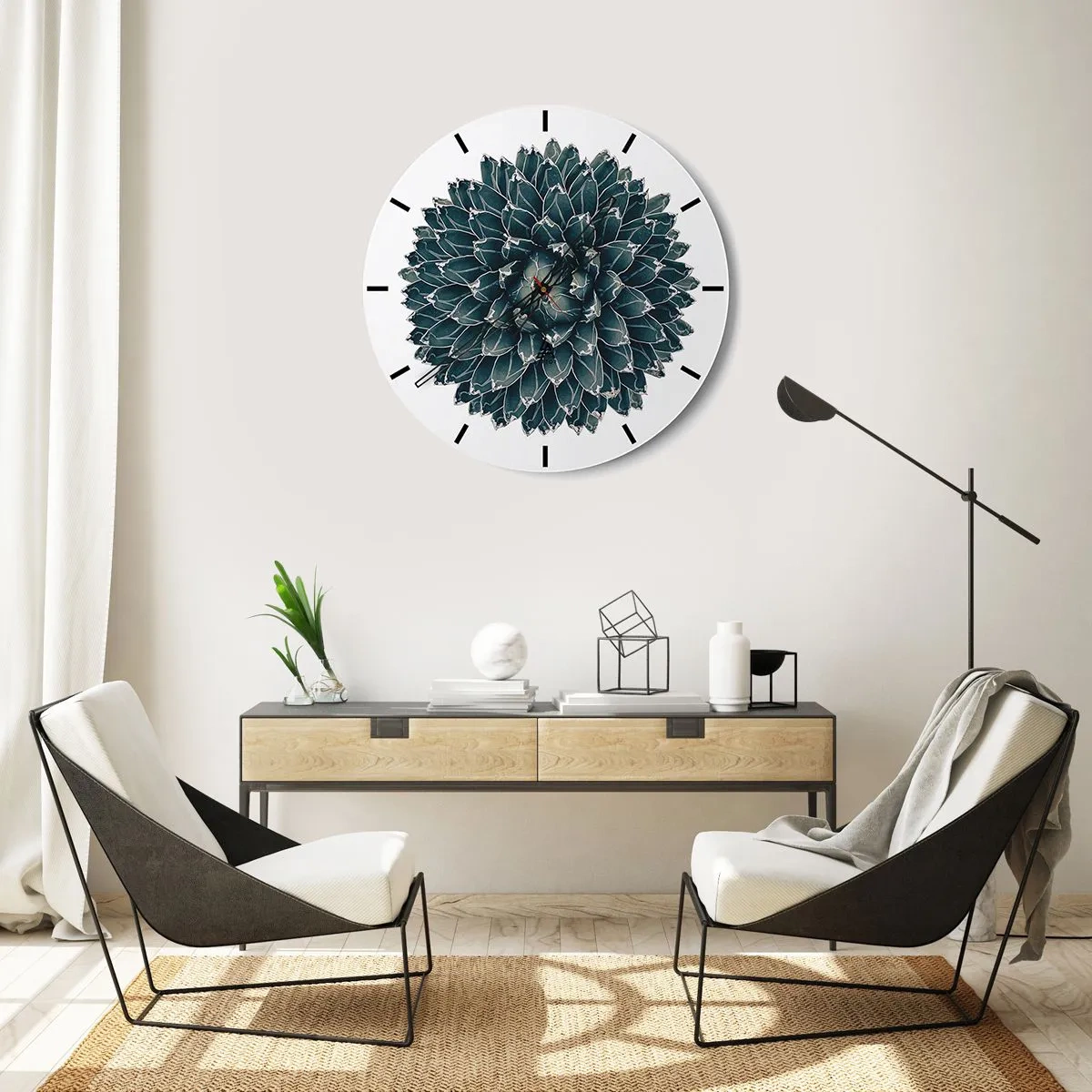 Väggklocka - Klocka på glas - Symmetrisk suckulent rosett i nyanser av grönt - 30x30cm - Öknens stjärna - Modern väggdekoration för vardagsrum, kök och sovrum ARTTOR