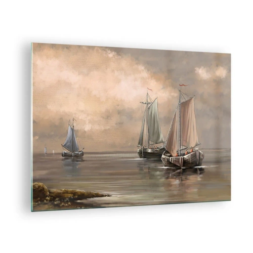 Glastavla - Bild på glas - Tre segelbåtar på ett lugnt hav i pastellfärger - 70x50cm - Seglarnas hemkomst - Modern väggdekoration för vardagsrum och sovrum ARTTOR