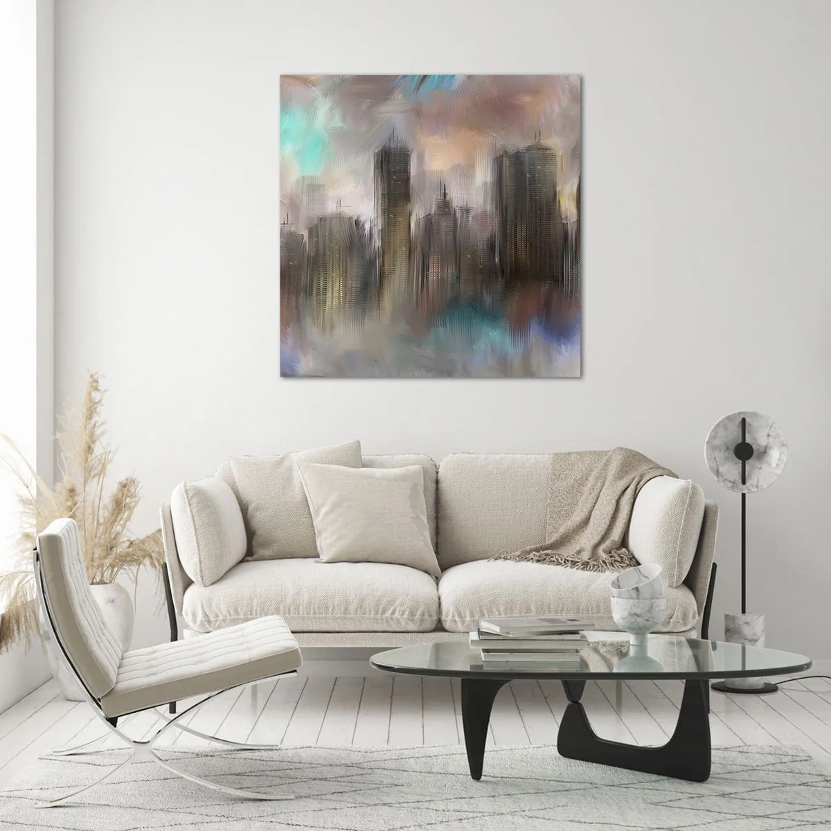 Glastavla - Bild på glas - Komposition av stål, sten och dimma - 60x60 cm