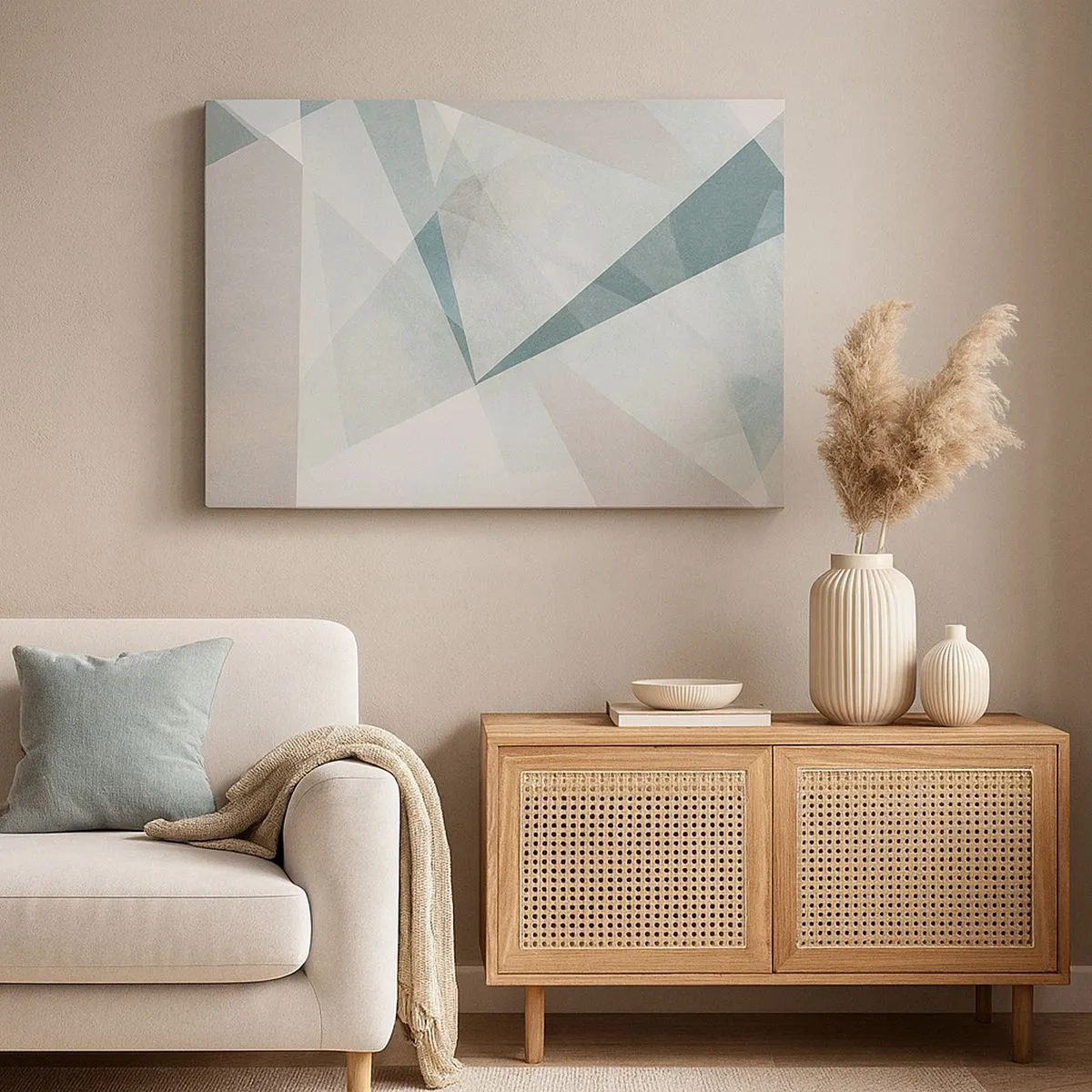 Canvastavla - Bild på duk - Geometriska former i pastellnyanser av blått och grått - 70x50cm - Lugnt trots dynamiskt - Modern väggdekoration för vardagsrum och sovrum ARTTOR