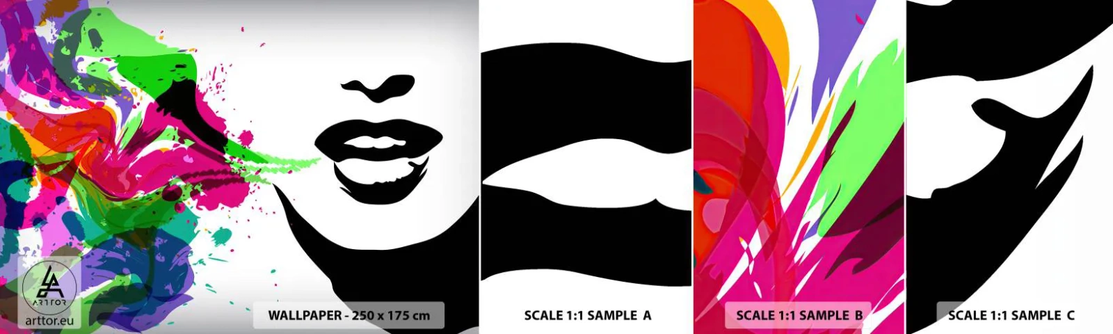 Provbit av självhäftande fototapet Deluxe Sticker - Berättelse i regnbågens färger - Abstraktion, Mun, Färgglad grafik - 100x30 cm