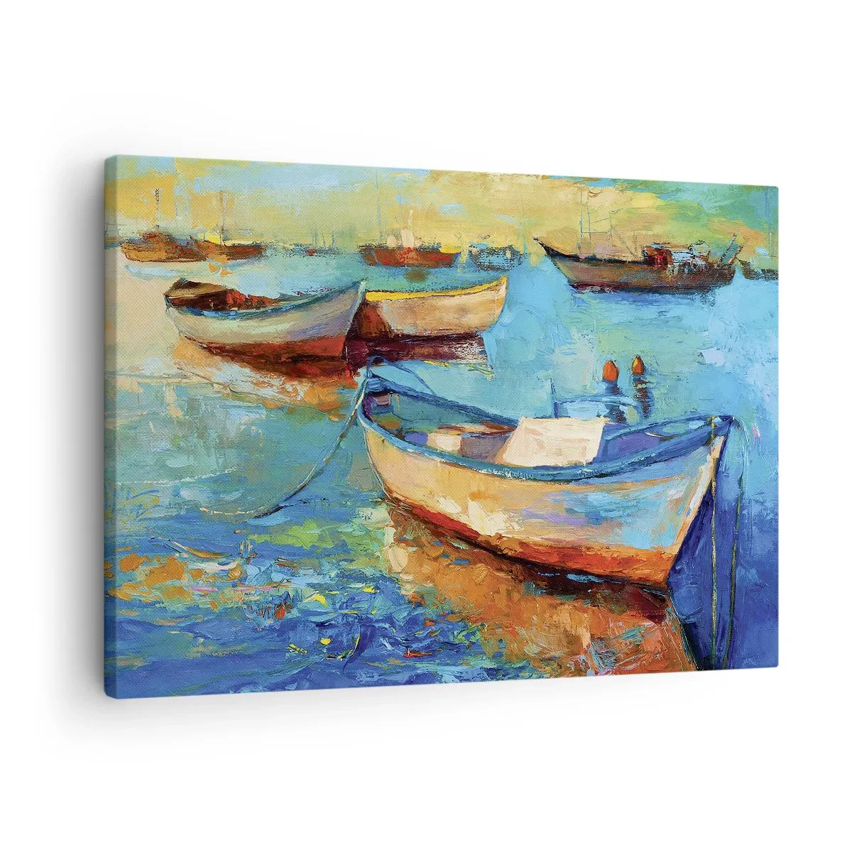 Canvastavla - Bild på duk - Färgglada båtar förtöjda på lugnt vatten - 70x50cm - I en sydlig vik - Modern väggdekoration för vardagsrum och sovrum ARTTOR