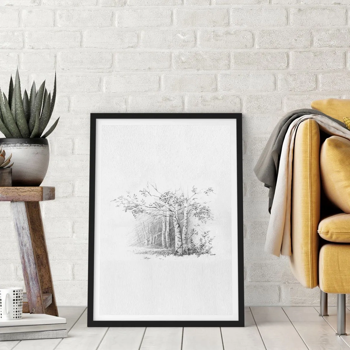 Affisch i svart ram - En skiss av en björkskog i subtila svartvita toner. - 50x70cm - Björkskogens ljus - Modern väggdekoration för vardagsrum och sovrum ARTTOR