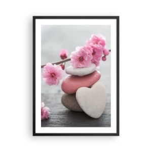 Affisch i svart ram - Hjärtformade stenar med rosa körsbärsblommor - 50x70cm - Salighet med körsbärsblomma - Modern väggdekoration för vardagsrum och sovrum ARTTOR