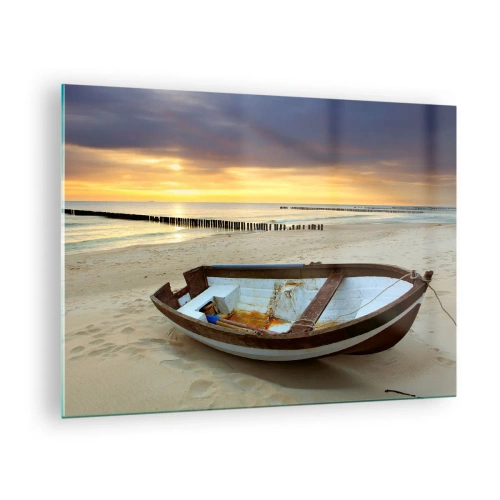 Glastavla - Bild på glas - En båt på en sandstrand vid soluppgången - 70x50cm - Det finns inga vackrare stränder - Modern väggdekoration för vardagsrum och sovrum ARTTOR