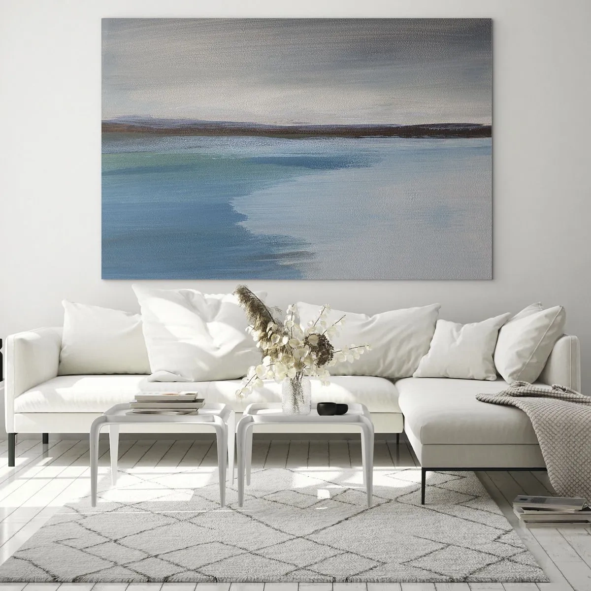 Glastavla - Bild på glas - Ett lugnt landskap med vatten och avlägsna kullar i pastellfärger. - 70x50cm - Horisontellt landskap - Modern väggdekoration för vardagsrum och sovrum ARTTOR