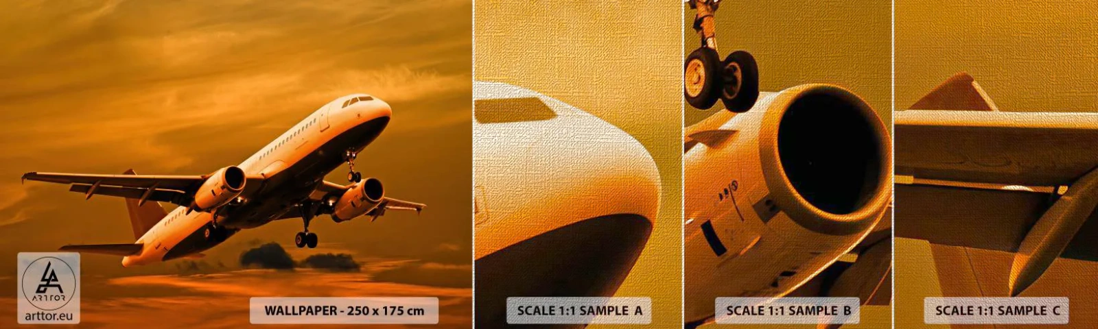 Provbit av fototapet Premium Canvas - Flyga mot solen - Plan, Resa, Solnedgång - 100x30 cm