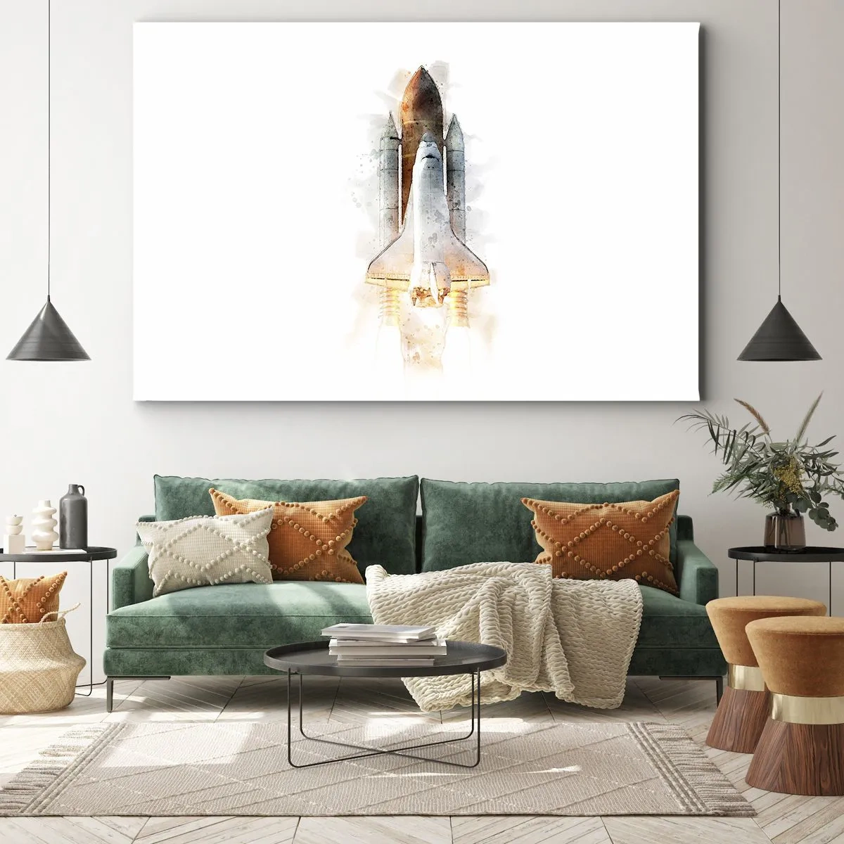 Canvastavla - Bild på duk - En konstnärlig akvarelltolkning av en rymdfärja som lyfter - 70x50cm - Upptäckare efter start - Modern väggdekoration för vardagsrum och sovrum ARTTOR