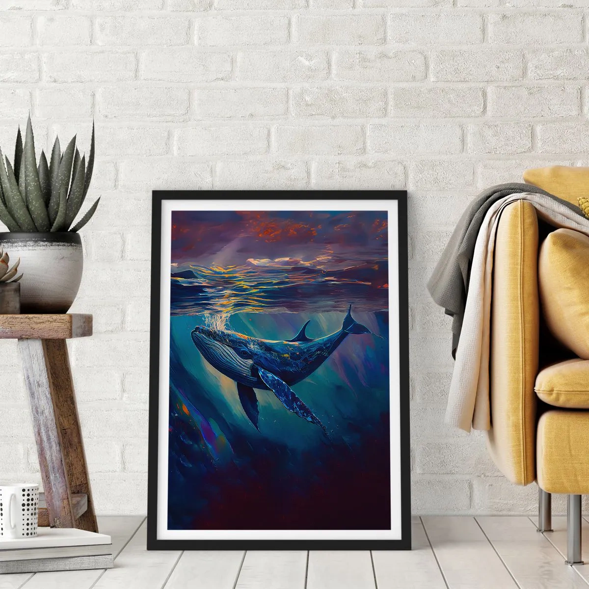 Affisch i svart ram - En stämningsfull bild av en val i undervattensljus - 50x70cm - Välkommen till min värld - Modern väggdekoration för vardagsrum och sovrum ARTTOR