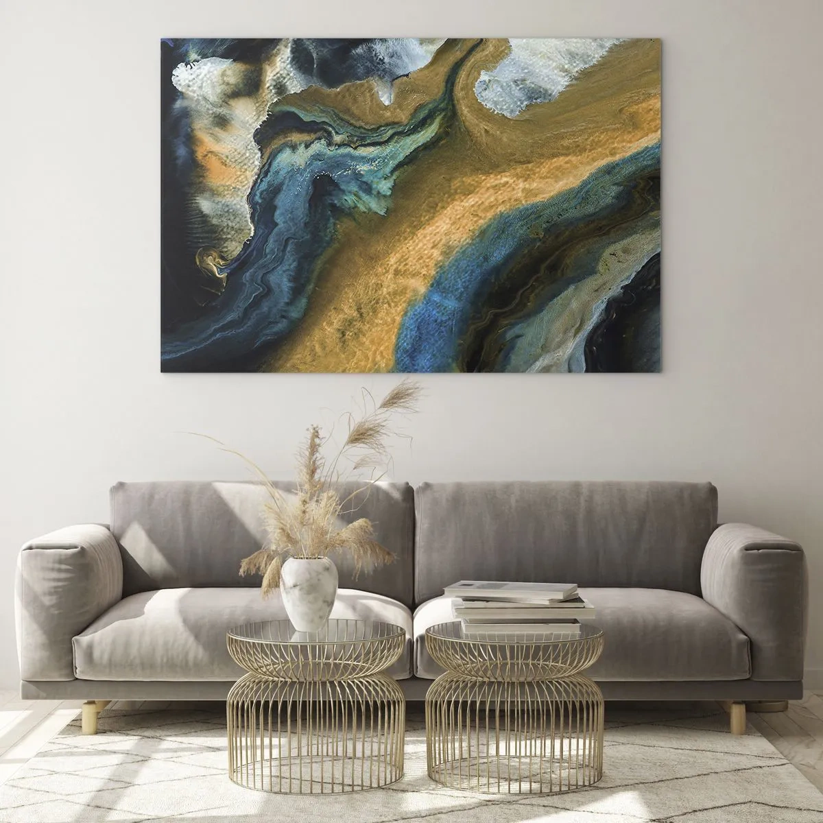 Glastavla - Bild på glas - Blå – gul – ömsesidiga influenser - 100x70 cm
