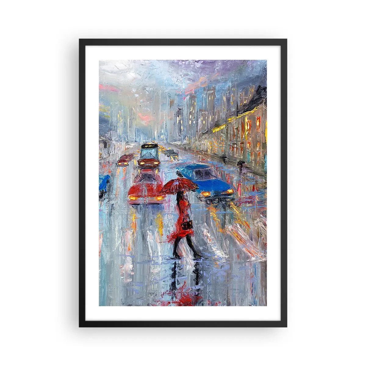 Affisch i svart ram - Impressionistisk stadsbild i regnet - 50x70cm - Regnig eftermiddag i staden - Modern väggdekoration för vardagsrum och sovrum ARTTOR