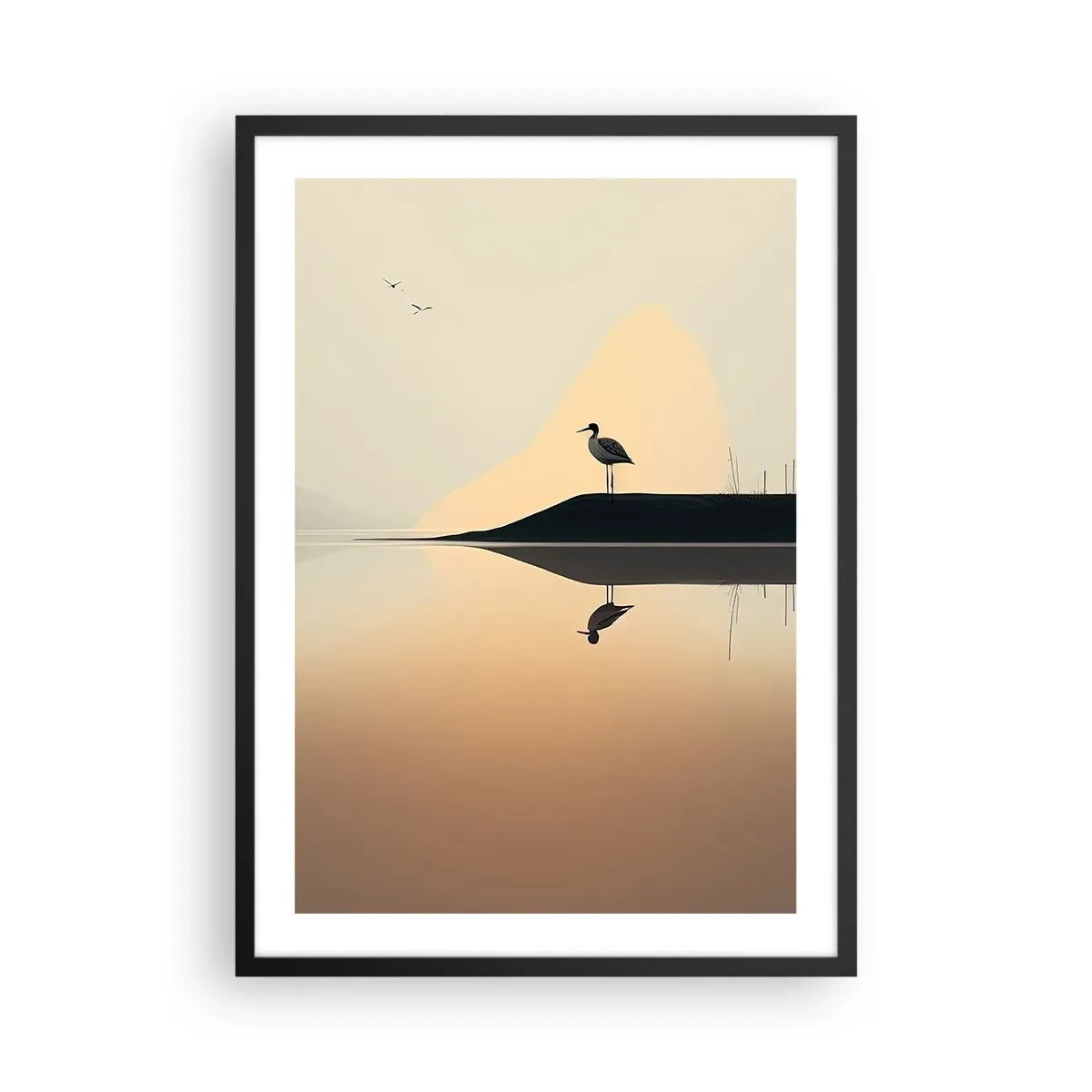 Affisch i svart ram - En stork som står på stranden av en sjö med sin reflektion i vattnet - 50x70cm - Herre på sjön - Modern väggdekoration för vardagsrum och sovrum ARTTOR