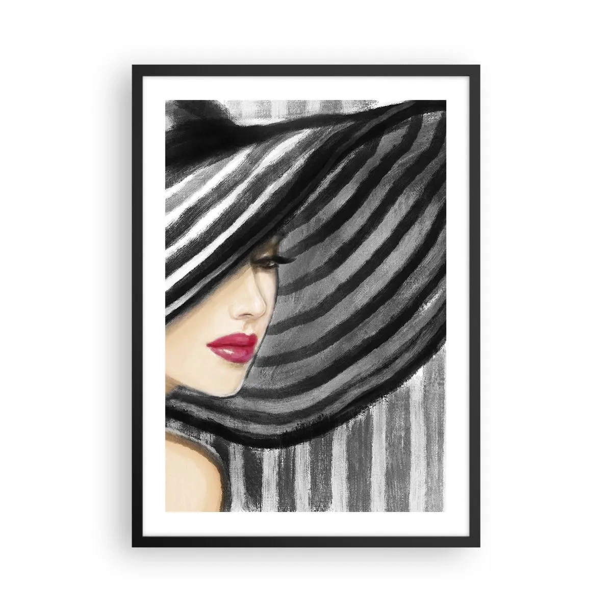 Affisch i svart ram - En kvinna i en bred hatt med röda läppar - 50x70cm - Var hittar jag dig? - Modern väggdekoration för vardagsrum och sovrum ARTTOR