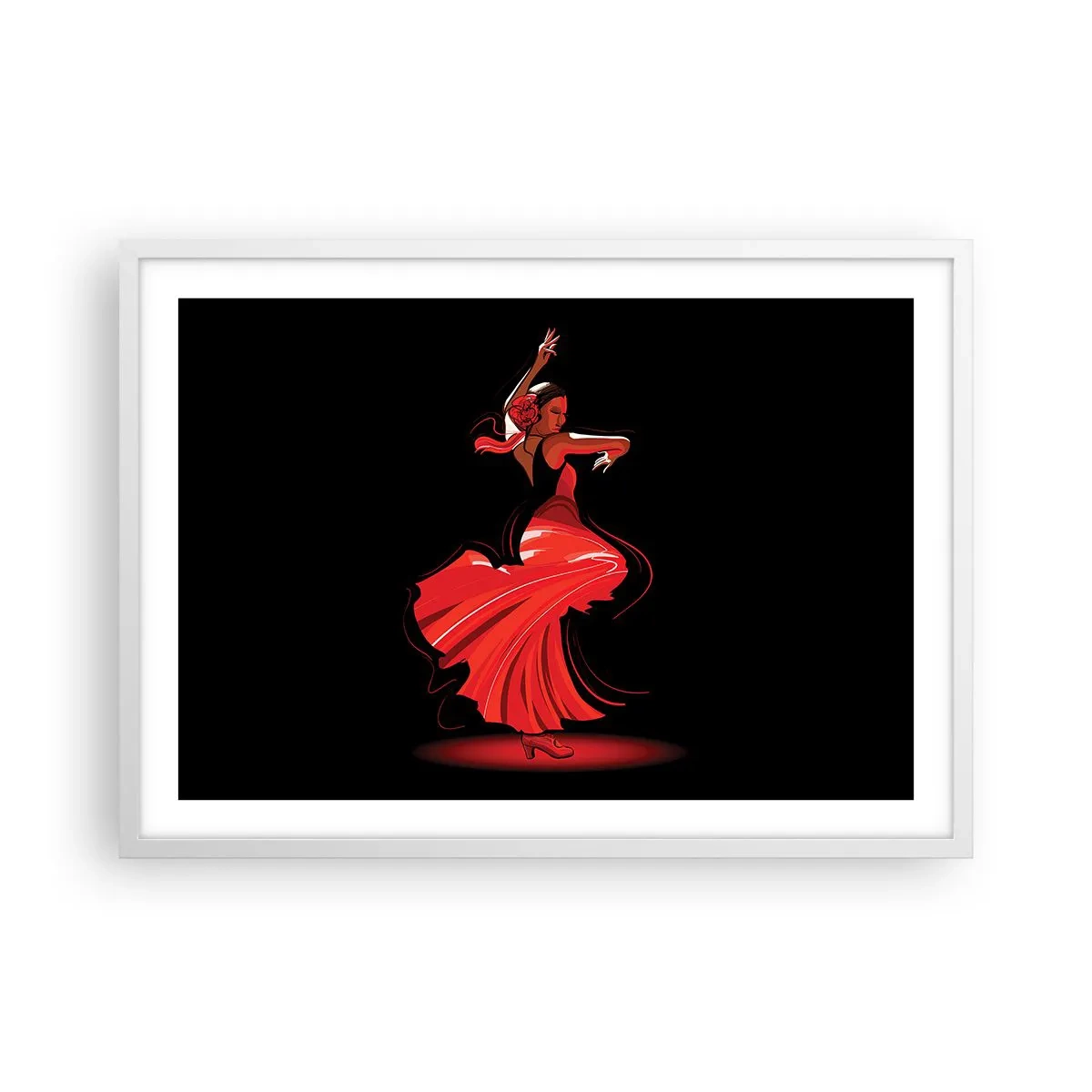 Affisch i vit ram - Flamencos brinnande anda - 70x50 cm