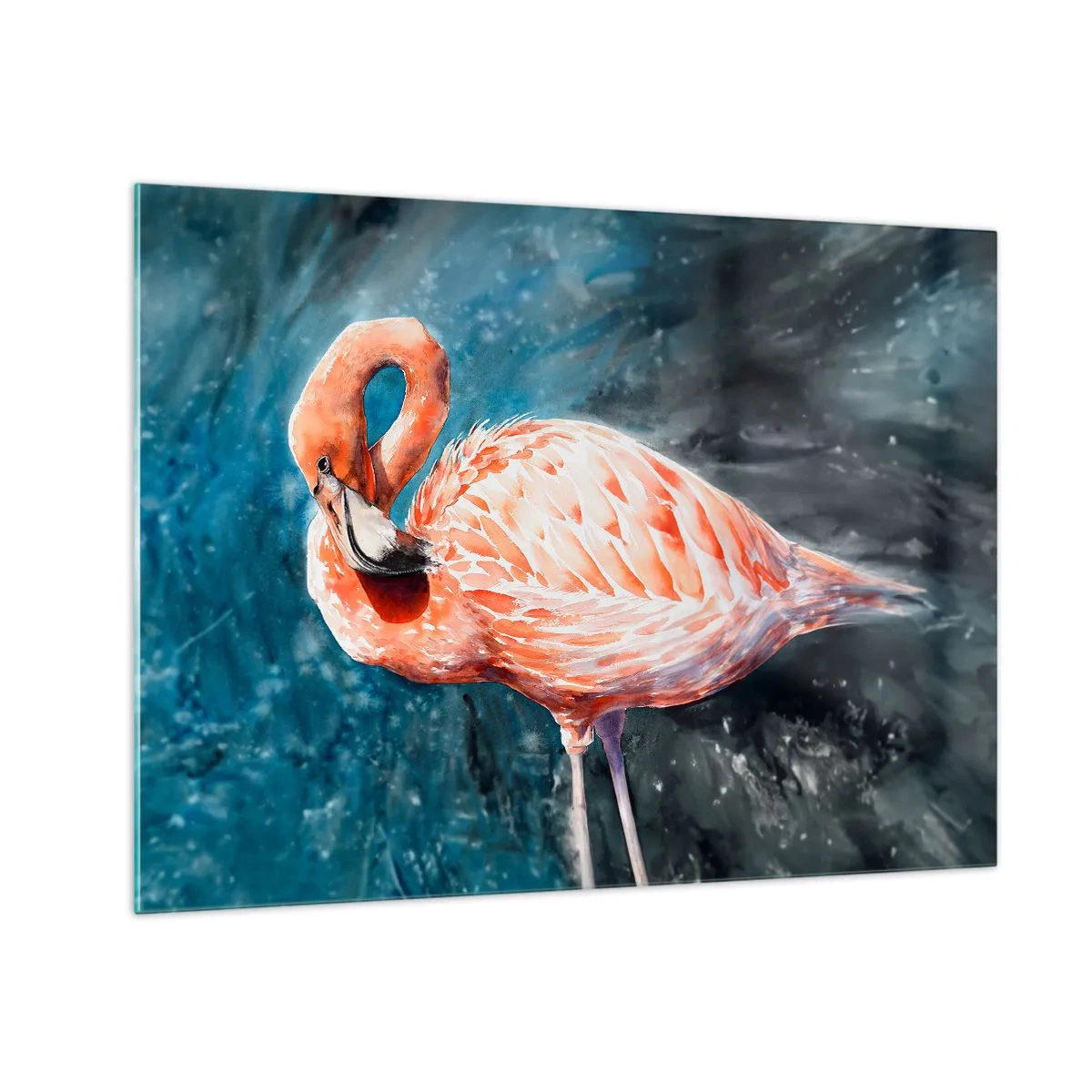 Glastavla - Bild på glas - En rosa flamingo mot en blå akvarellbakgrund - 70x50cm - Dekorativt till sin natur - Modern väggdekoration för vardagsrum och sovrum ARTTOR