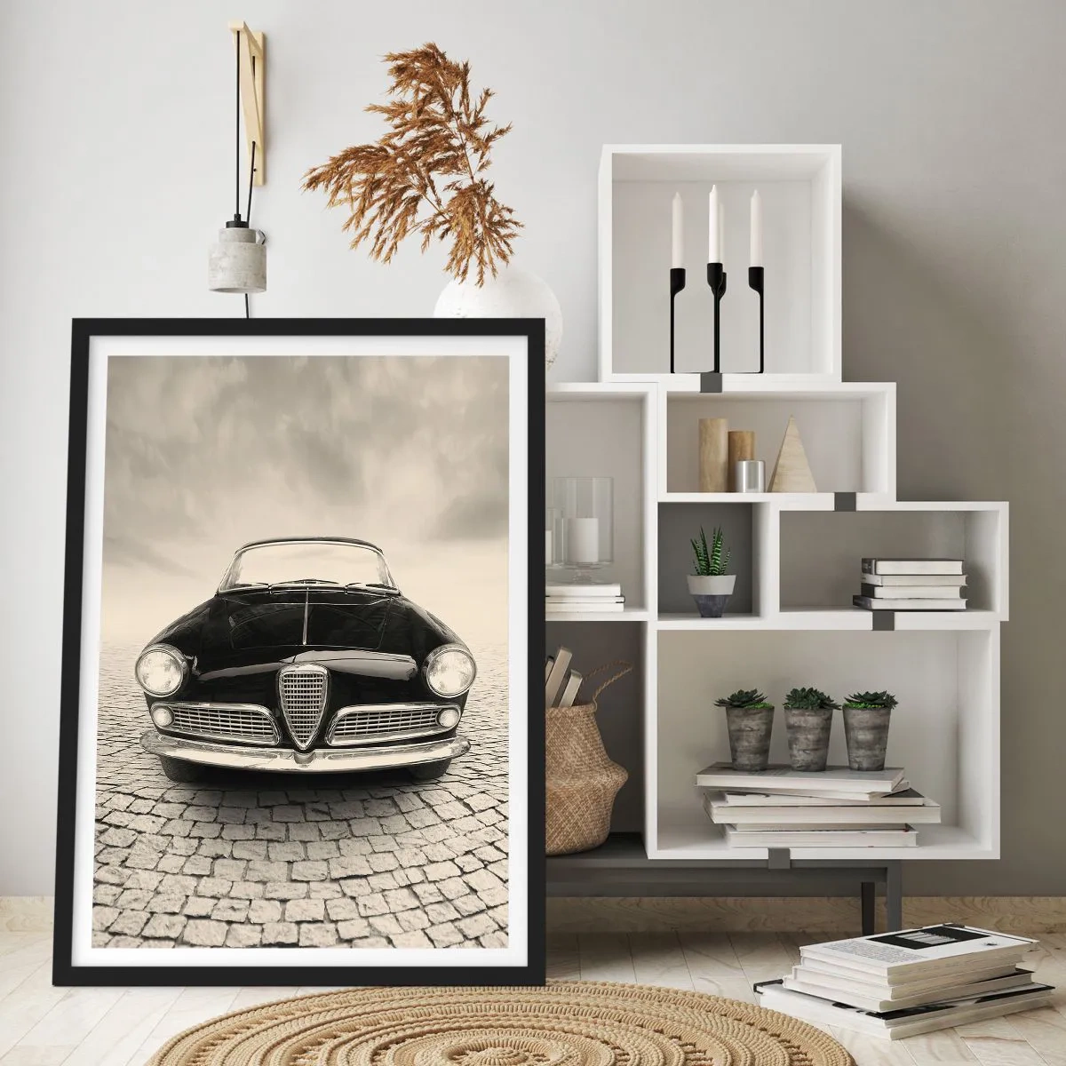 Affisch i svart ram - Framsidan av en klassisk bil på en kullerstensgata - 50x70cm - Hur kan man inte älska mig? - Modern väggdekoration för vardagsrum och sovrum ARTTOR