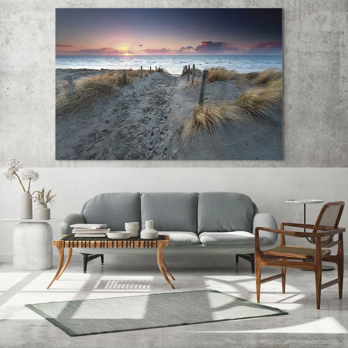 Glastavla - Bild på glas - Stigen genom sanddynerna som leder till havet vid solnedgången - 70x50cm - Utspilld skenregnbåge... - Modern väggdekoration för vardagsrum och sovrum ARTTOR