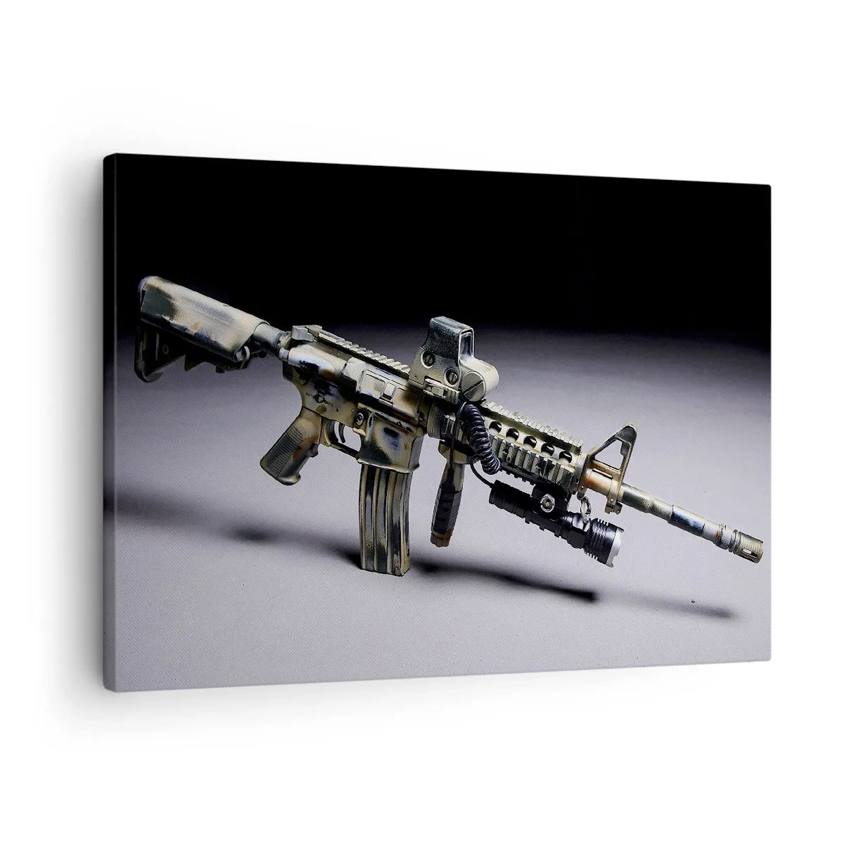 Canvastavla - Bild på duk - Modernt vapen i kamouflagefärg på en mörk bakgrund - 70x50cm - Alltid farlig - Modern väggdekoration för vardagsrum och sovrum ARTTOR