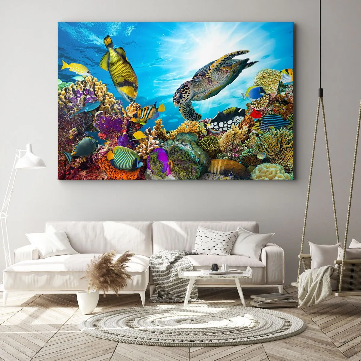 Canvastavla - Bild på duk - Undervattensvärld med färgglada fiskar och en sköldpadda i korallen - 70x50cm - Korallpromenad - Modern väggdekoration för vardagsrum och sovrum ARTTOR