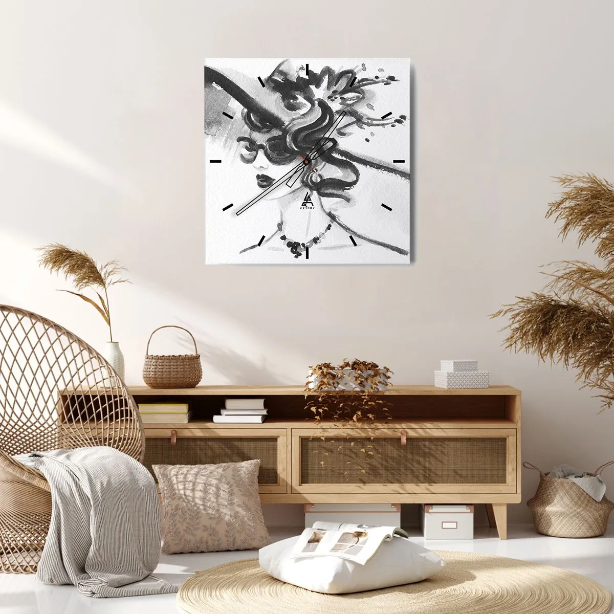 Väggklocka - Klocka på glas - Dam med karaktär - 40x40 cm