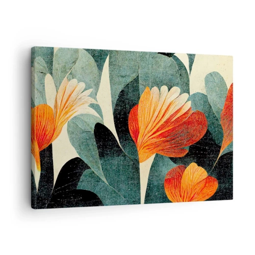Canvastavla - Bild på duk - Blommor i intensiva nyanser av orange och grönt - 70x50cm - Värmen i tropikerna och svalkan i grönskan - Modern väggdekoration för vardagsrum och sovrum ARTTOR