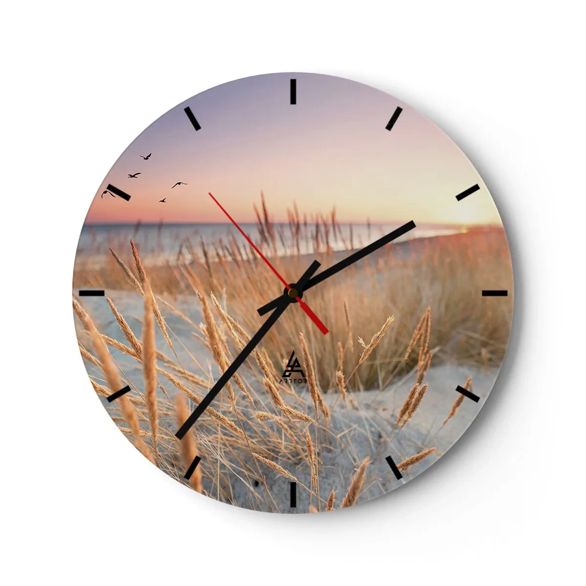 Väggklocka - Klocka på glas - Strandgräs vid solnedgången med utsikt över havet - 30x30cm - Östersjövaggvisa - Modern väggdekoration för vardagsrum, kök och sovrum ARTTOR