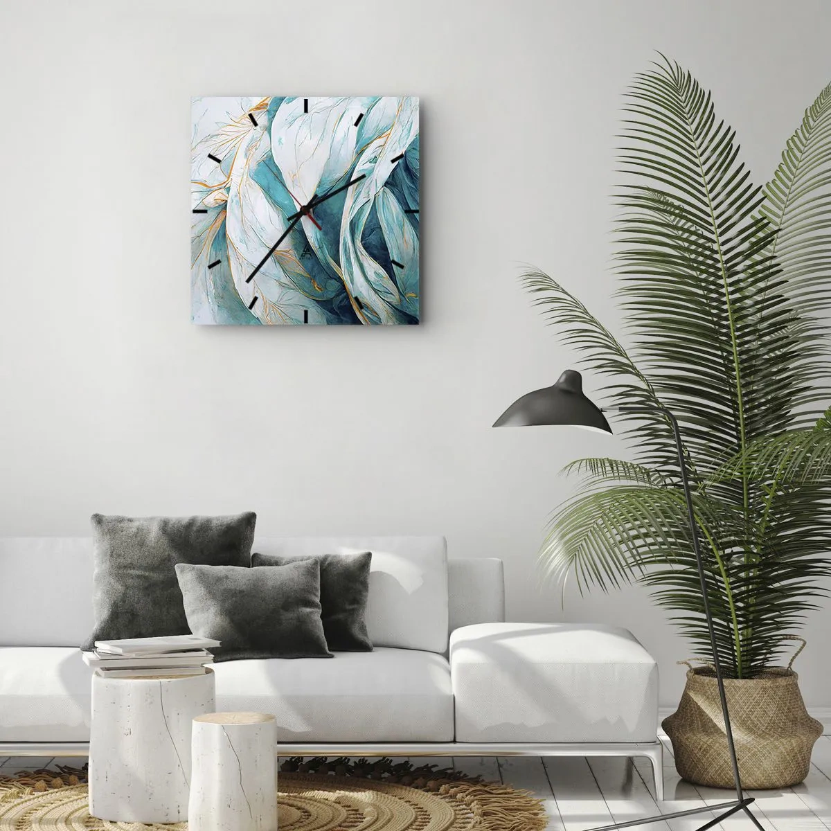 Väggklocka - Klocka på glas - Blå abstraktion med guldmotiv - 30x30 cm