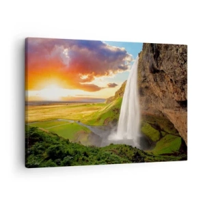 Canvastavla - Bild på duk - Ett vattenfall i ett pittoreskt landskap vid solnedgången - 70x50cm - Full av isländsk sommar - Modern väggdekoration för vardagsrum och sovrum ARTTOR