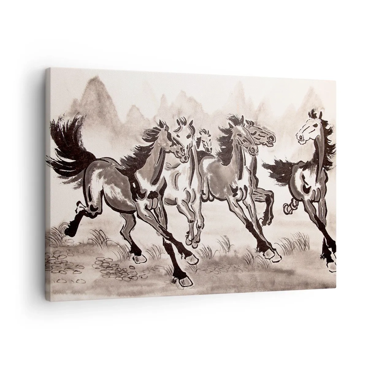 Canvastavla - Bild på duk - Dynamisk grafik av galopperande hästar i orientalisk stil - 70x50cm - Glad galopp - Modern väggdekoration för vardagsrum och sovrum ARTTOR