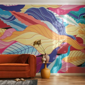 Fototapet Standard Eco - Färgglad lövgrafik i abstrakt stil - 100x70cm - Färgglad röra - Modern väggdekoration för vardagsrum och sovrum ARTTOR