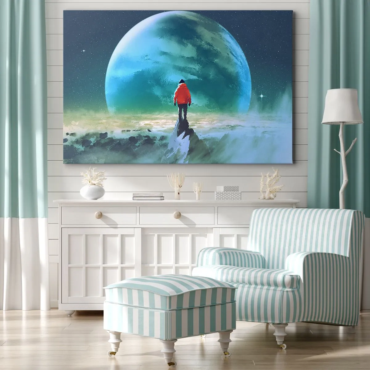 Canvastavla - Bild på duk - En man i röd jacka står framför en stor planet med stjärnor i bakgrunden. - 70x50cm - Upptäckare av en ny jord - Modern väggdekoration för vardagsrum och sovrum ARTTOR