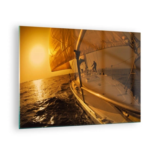 Glastavla - Bild på glas - En segelbåt mot bakgrund av den nedgående solen - 70x50cm - Gyllene kväll efter en färgrik dag - Modern väggdekoration för vardagsrum och sovrum ARTTOR