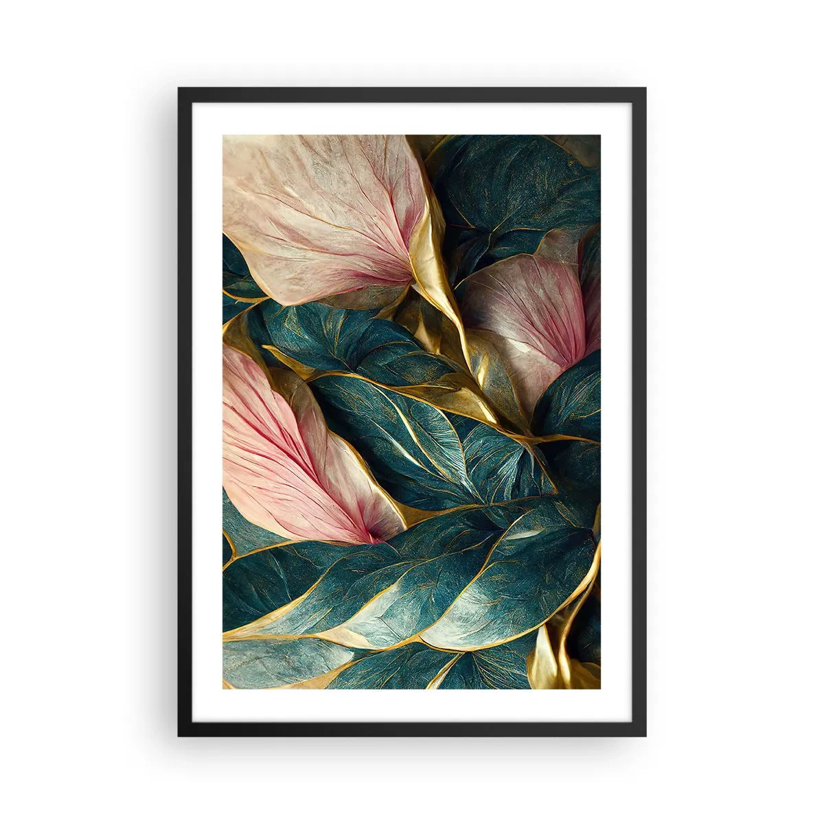 Affisch i svart ram - En elegant komposition av löv i nyanser av grönt, guld och rosa - 50x70cm - Naturlig elegans och stil - Modern väggdekoration för vardagsrum och sovrum ARTTOR