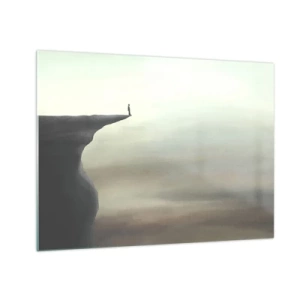 Glastavla - Bild på glas - Silhuett av en person som står på kanten av en klippa ovanför dimman - 70x50cm - Uppåt, naturligtvis! - Modern väggdekoration för vardagsrum och sovrum ARTTOR