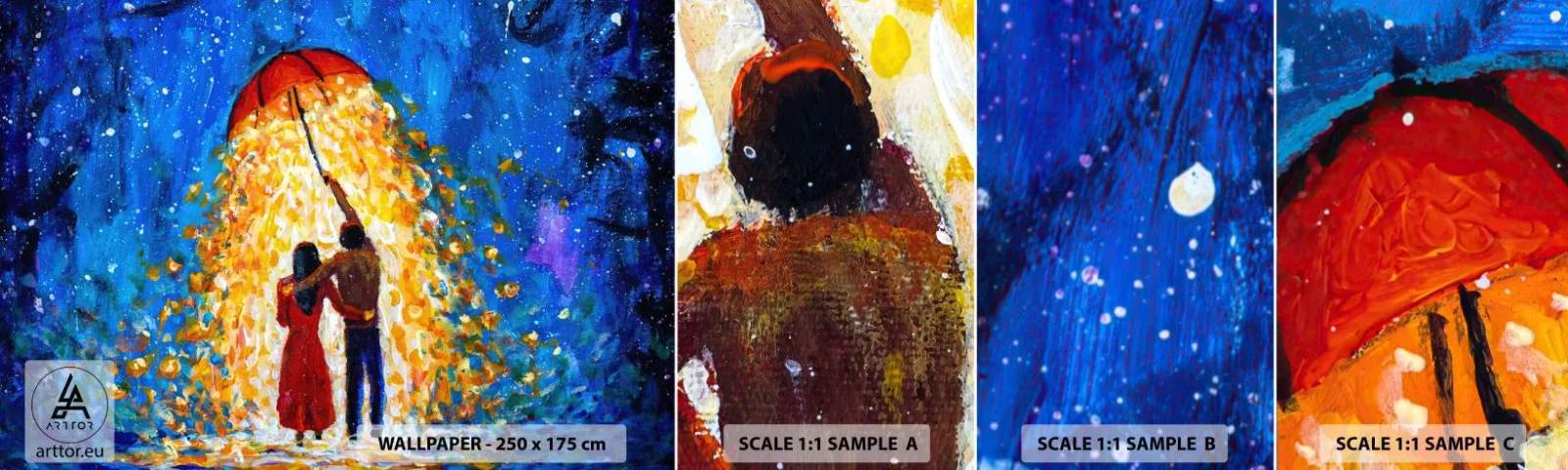 Provbit av självhäftande fototapet Deluxe Sticker - Magi på en regnig kväll? - Romantisk, Par, Kärlek - 100x30 cm