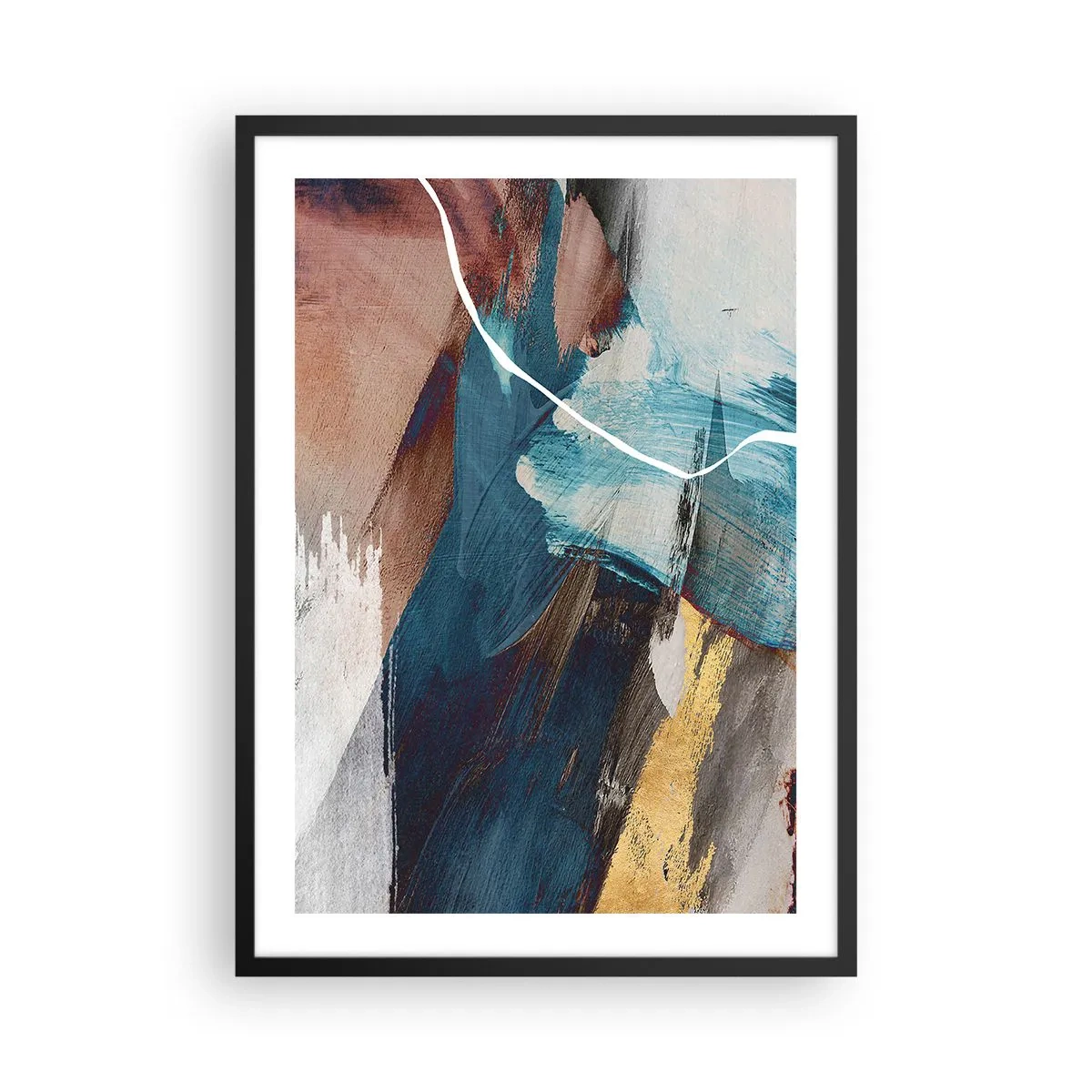 Affisch i svart ram - Uttrycksfull abstraktion i nyanser av blått och guld - 50x70cm - Med styrka och energi - Modern väggdekoration för vardagsrum och sovrum ARTTOR
