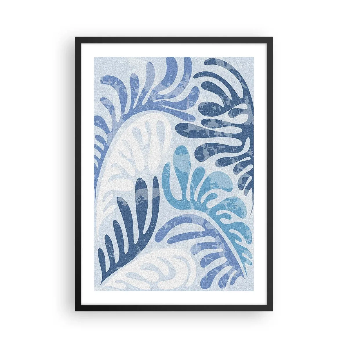 Affisch i svart ram - Abstrakt komposition av löv i nyanser av blått - 50x70cm - Blåa ormbunkar - Modern väggdekoration för vardagsrum och sovrum ARTTOR