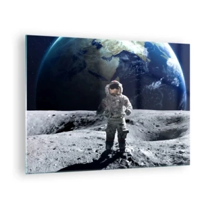 Glastavla - Bild på glas - Astronaut på månens yta med jorden i bakgrunden - 70x50cm - Hälsningar från månen - Modern väggdekoration för vardagsrum och sovrum ARTTOR