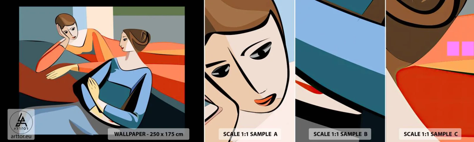 Provbit av självhäftande fototapet Deluxe Sticker - Ett ögonblick av förtrolighet - Kubism, Porträtt, Kvinnor - 100x30 cm