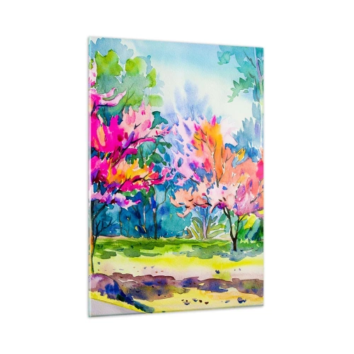 Glastavla - Bild på glas - Regnbågsträdgård i vårskenet - 50x70 cm