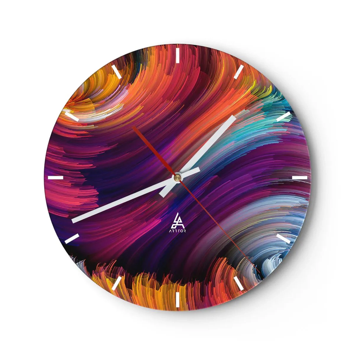 Väggklocka - Klocka på glas - Abstrakt virvelmotiv i intensiva färger - 30x30cm - Början av en ny värld - Modern väggdekoration för vardagsrum, kök och sovrum ARTTOR