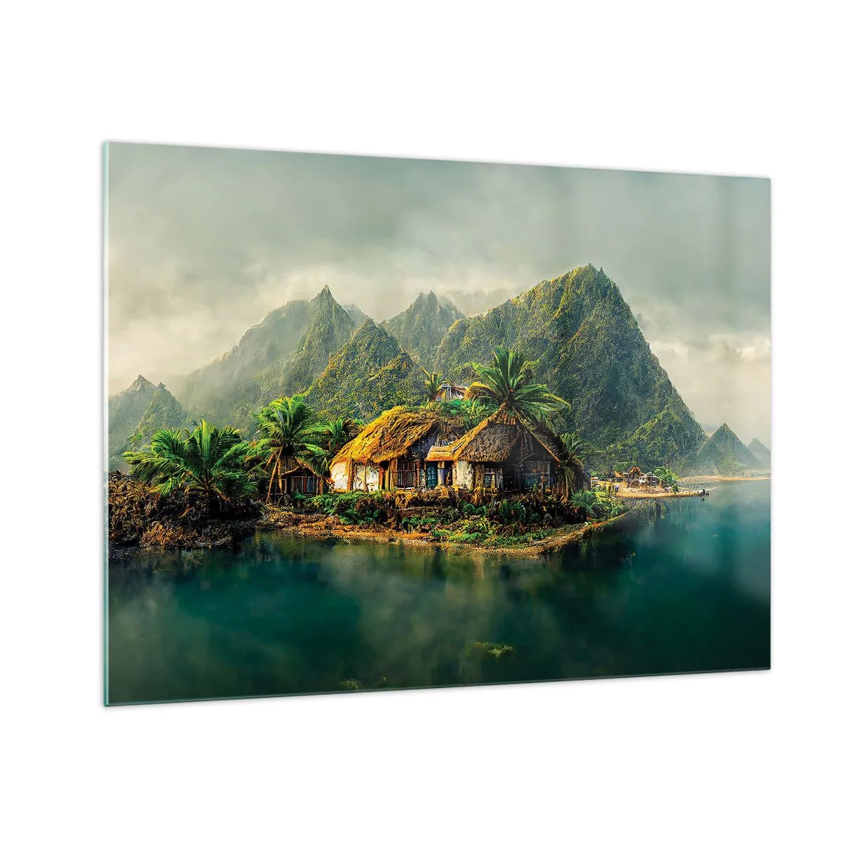 Glastavla - Bild på glas - En tropisk by vid vattnet omgiven av berg och palmer - 70x50cm - Tropiskt paradis - Modern väggdekoration för vardagsrum och sovrum ARTTOR