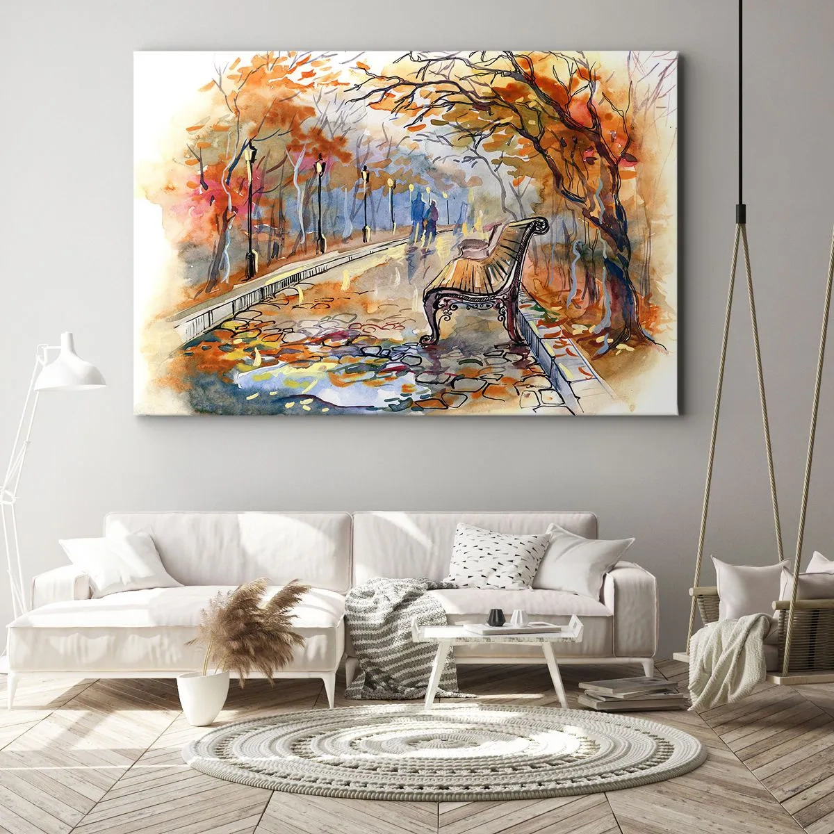 Canvastavla - Bild på duk - En höstpark med en bänk i akvarell - 70x50cm - Vandra tillsammans mot hösten - Modern väggdekoration för vardagsrum och sovrum ARTTOR