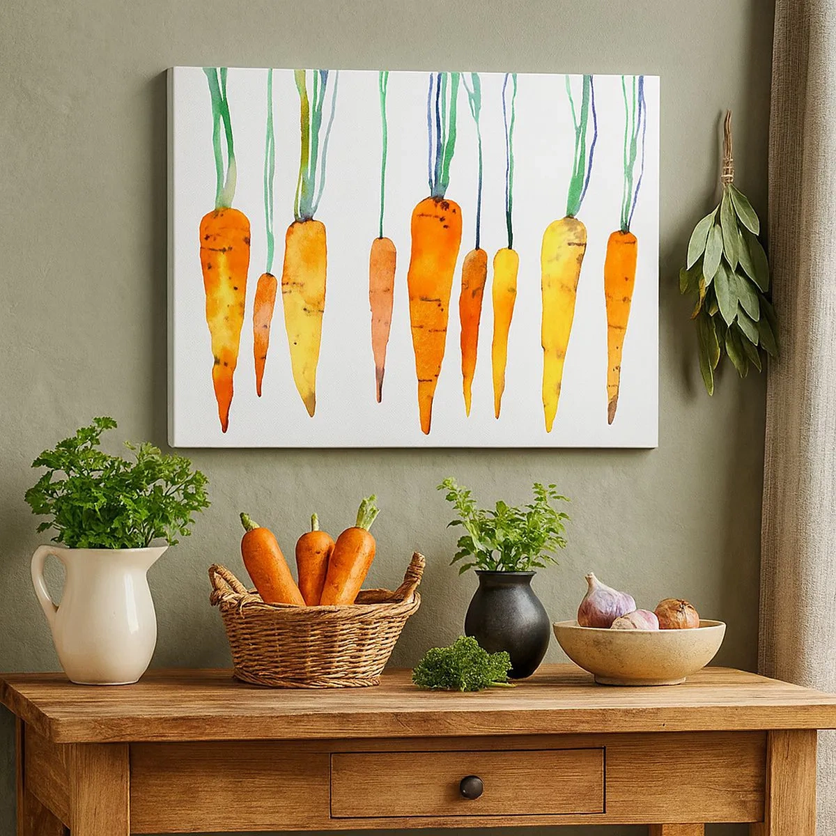 Canvastavla - Bild på duk - Akvarell morötter i olika nyanser på en vit bakgrund - 70x50cm - Skönhet av det vanliga - Modern väggdekoration för vardagsrum och sovrum ARTTOR