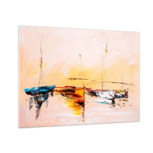 Glastavla - Bild på glas - Färgglada båtar förtöjda mot en impressionistisk solnedgångsbakgrund - 70x50cm - En kväll i hamnen - Modern väggdekoration för vardagsrum och sovrum ARTTOR