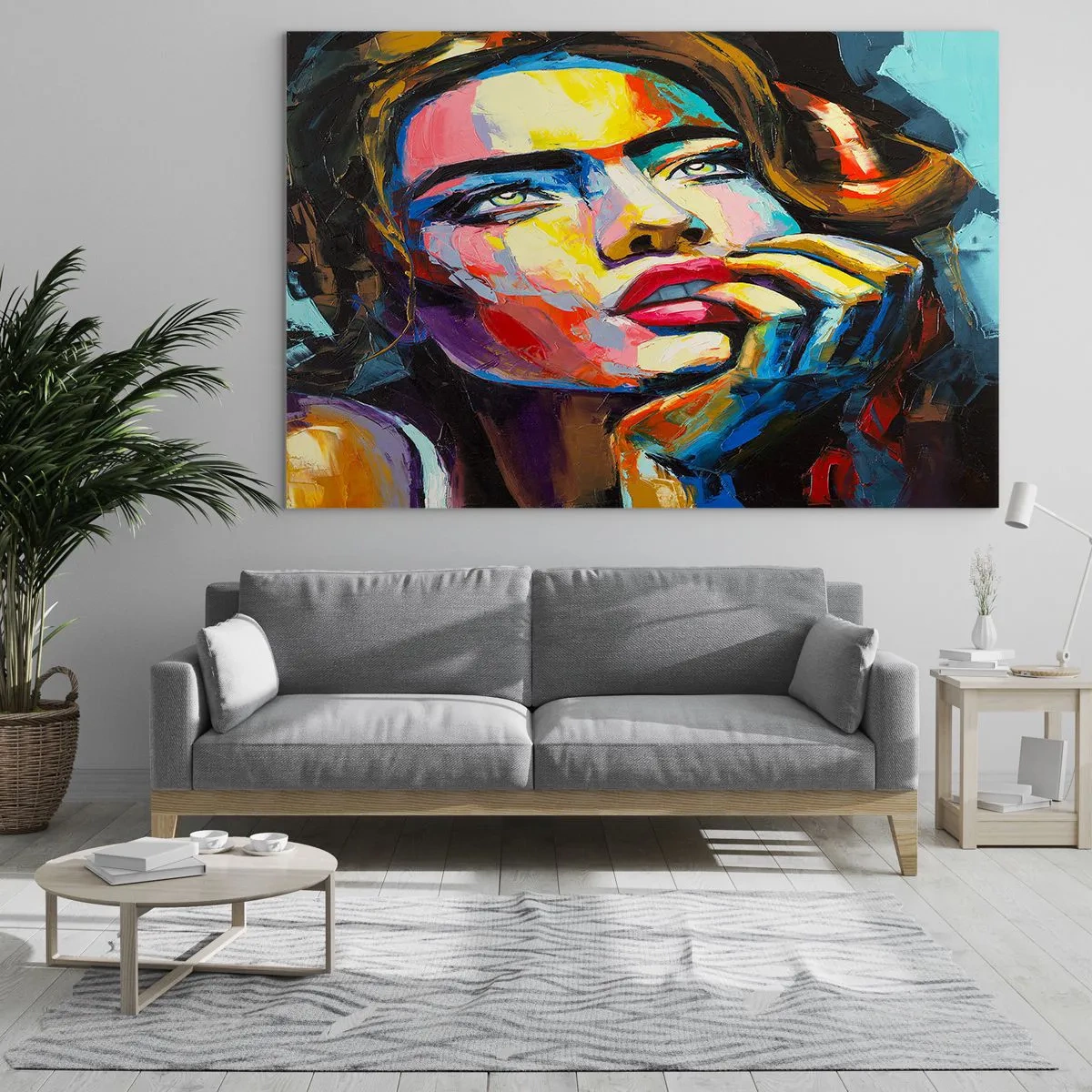Glastavla - Bild på glas - Porträtt av en kvinna i intensiva abstrakta färger - 70x50cm - Drömmar seglar i himlen som fåglar - Modern väggdekoration för vardagsrum och sovrum ARTTOR