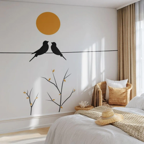 Fototapet Standard Eco - Två fåglar på en linje under solen i minimalistisk stil - 100x70cm - Näktergalens kväll - Modern väggdekoration för vardagsrum och sovrum ARTTOR